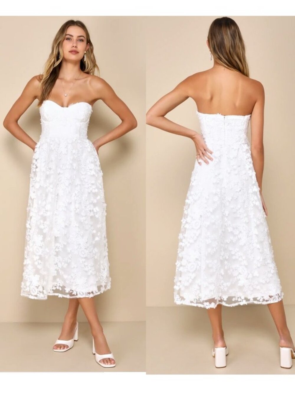 Lulus Quite Perfect White Floral Embroidered Strapless Midi Dress Small New NWT